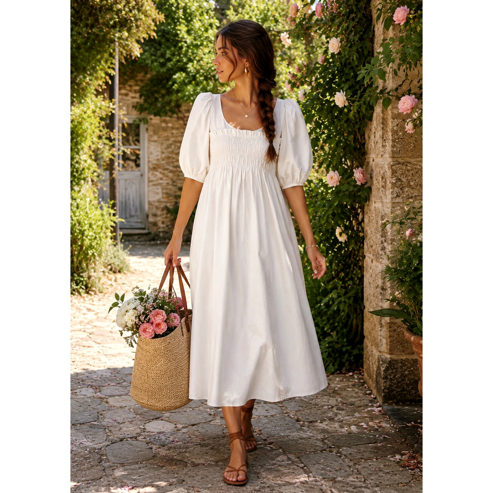 Ciao Lucia XS Puff Sleeve Veneto Midi Dress Smocked Cotton Ivory Cream 2 4 NWT